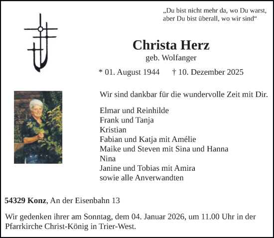 Todesanzeige von Christa Herz von trierischer_volksfreund