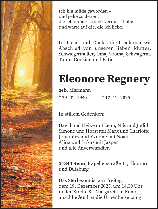 Todesanzeige von Eleonore Regnery von trierischer_volksfreund