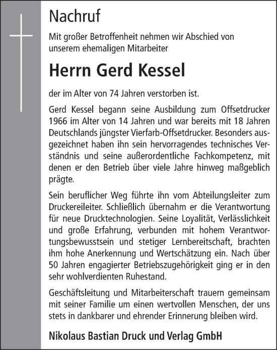 Todesanzeige von Gerd Kessel von trierischer_volksfreund