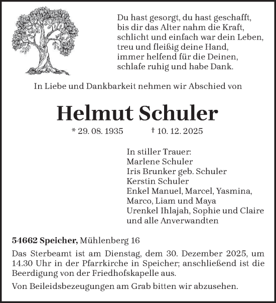 Todesanzeige von Helmut Schuler von trierischer_volksfreund