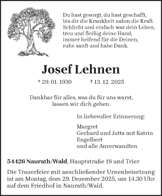 Todesanzeige von Josef Lehnen von trierischer_volksfreund