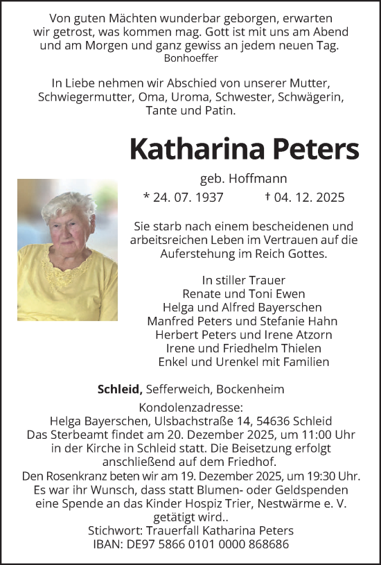 Todesanzeige von Katharina Peters von trierischer_volksfreund