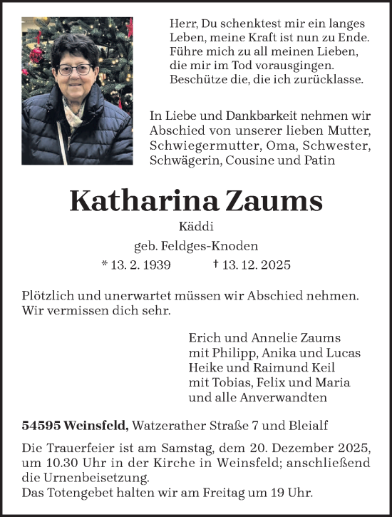 Todesanzeige von Katharina Zaums von trierischer_volksfreund