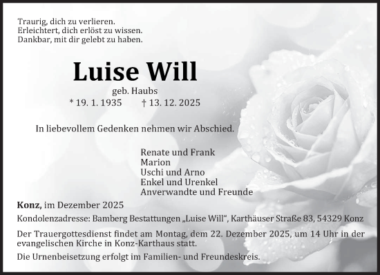 Todesanzeige von Luise Will von trierischer_volksfreund