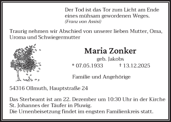 Todesanzeige von Maria Zonker von trierischer_volksfreund