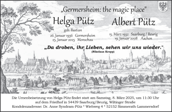 Todesanzeige von Albert Pütz von trierischer_volksfreund