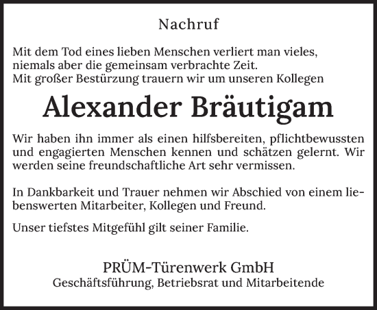 Todesanzeige von Alexander Bräutigam von trierischer_volksfreund