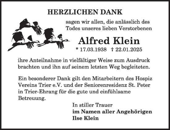 Todesanzeige von Alfred Klein von trierischer_volksfreund