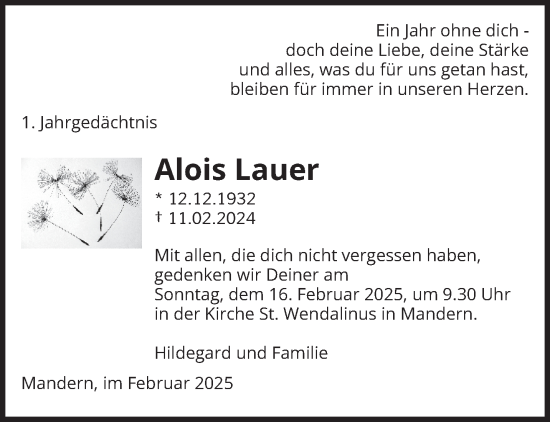 Todesanzeige von Alois Lauer von trierischer_volksfreund