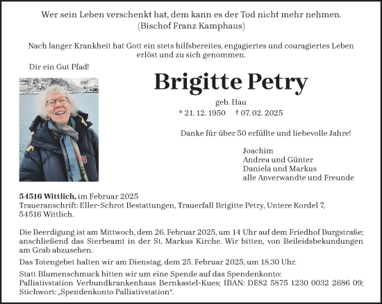 Todesanzeige von Brigitte Petry von trierischer_volksfreund