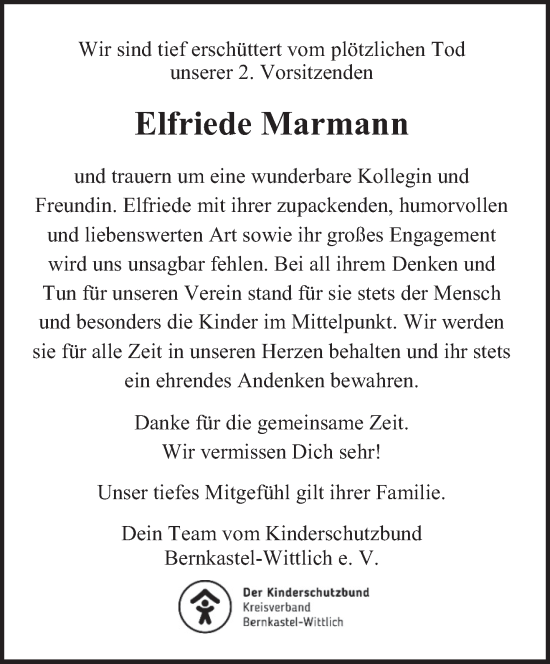 Todesanzeige von Elfriede Marmann von trierischer_volksfreund