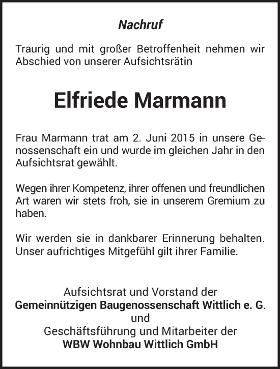 Todesanzeige von Elfriede Marmann von trierischer_volksfreund
