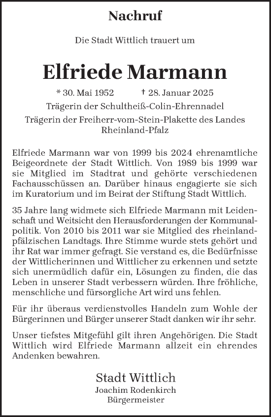 Todesanzeige von Elfriede Marmann von trierischer_volksfreund