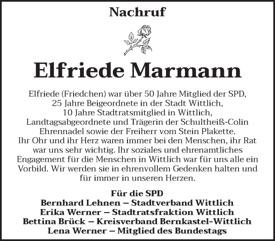 Todesanzeige von Elfriede Marmann von trierischer_volksfreund
