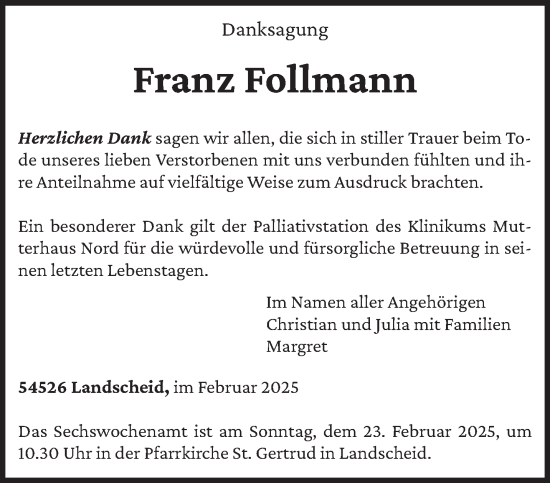 Todesanzeige von Franz Follmann von trierischer_volksfreund