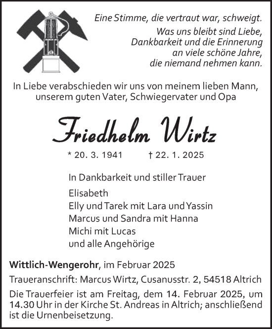 Todesanzeige von Friedhelm Wirtz von trierischer_volksfreund
