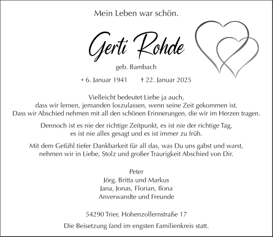 Todesanzeige von Gerti Rohde von trierischer_volksfreund