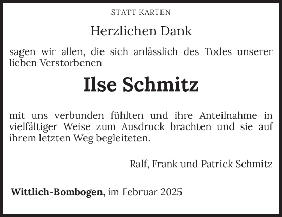 Todesanzeige von Ilse Schmitz von trierischer_volksfreund