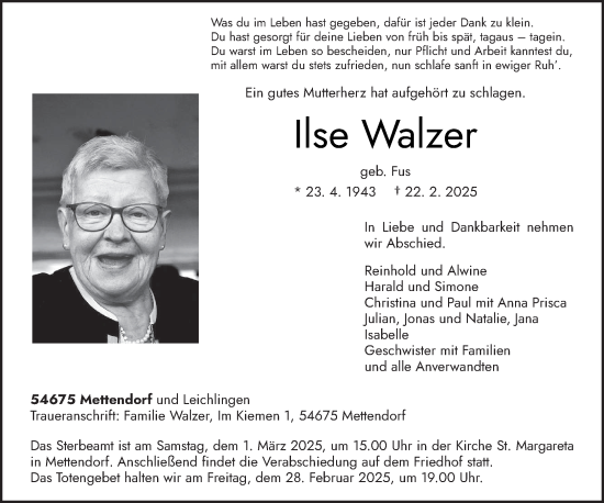 Todesanzeige von Ilse Walzer von trierischer_volksfreund