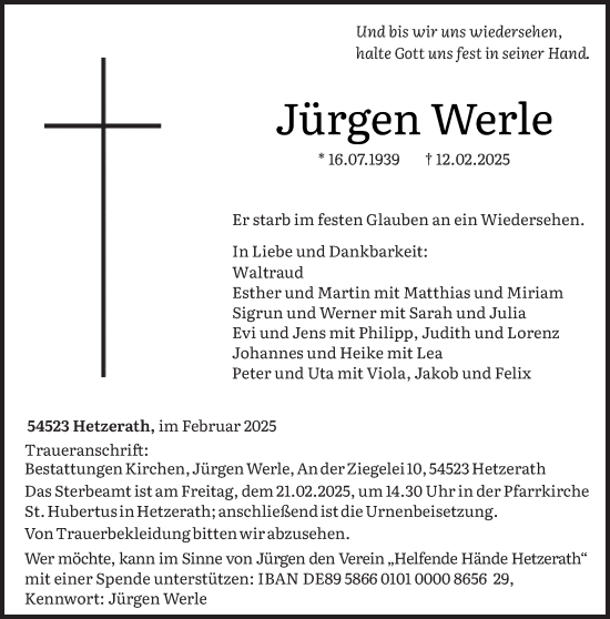 Todesanzeige von Jürgen Werle von trierischer_volksfreund