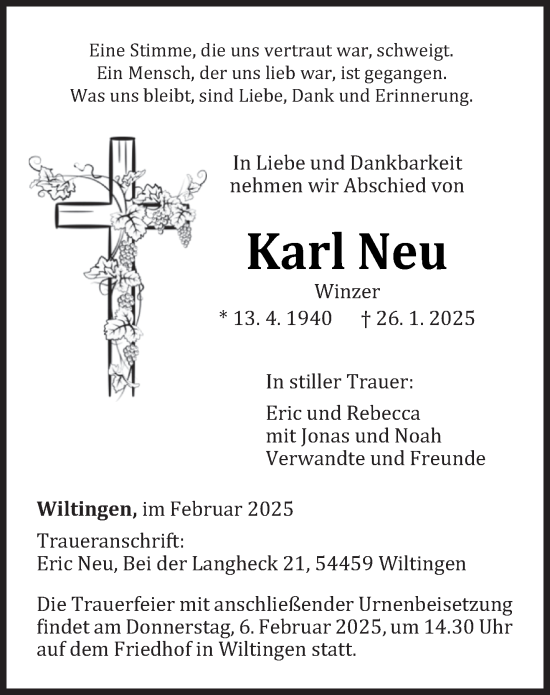 Todesanzeige von Karl Neu von trierischer_volksfreund