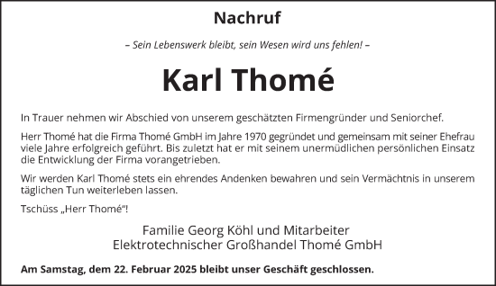 Todesanzeige von Karl Thome von trierischer_volksfreund