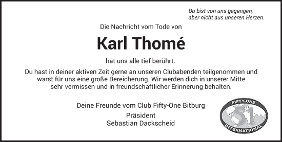Todesanzeige von Karl Thome von trierischer_volksfreund