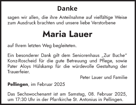 Todesanzeige von Maria Lauer von trierischer_volksfreund