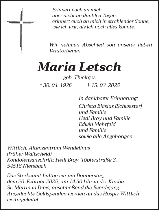 Todesanzeige von Maria Letsch von trierischer_volksfreund