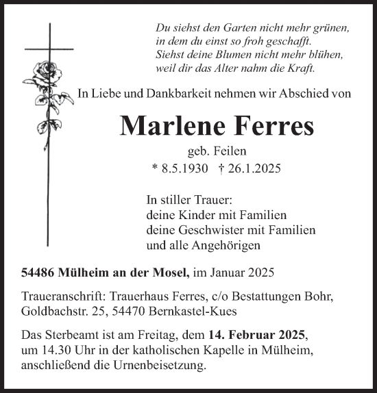 Todesanzeige von Marlene Ferres von trierischer_volksfreund
