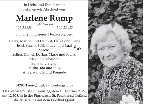Todesanzeige von Marlene Rump von trierischer_volksfreund