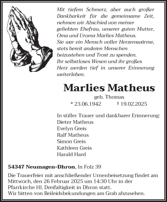 Todesanzeige von Marlies Matheus von trierischer_volksfreund