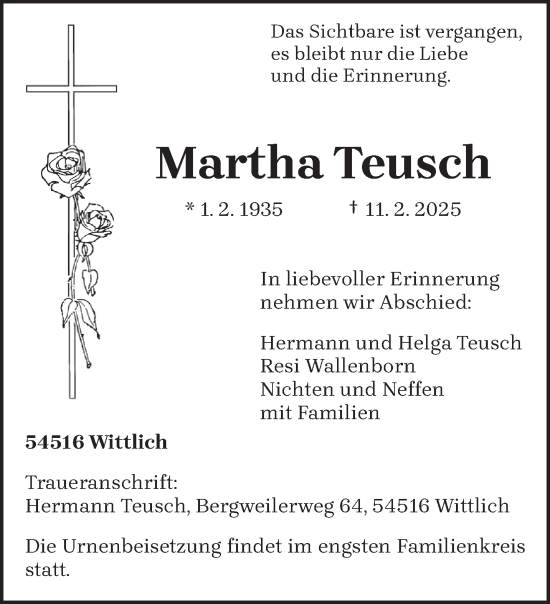 Todesanzeige von Martha Teusch von trierischer_volksfreund