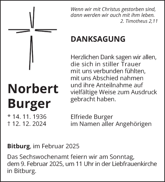 Todesanzeige von Norbert Burger von trierischer_volksfreund