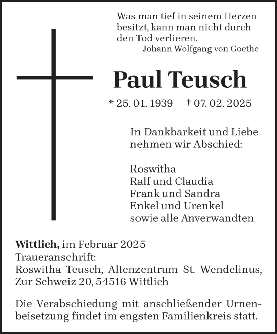 Todesanzeige von Paul Teusch von trierischer_volksfreund