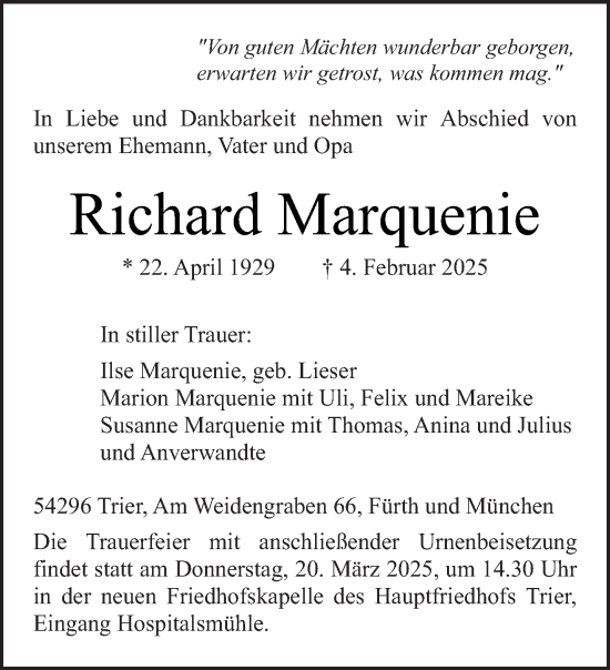 Todesanzeige von Richard Marquenie von trierischer_volksfreund