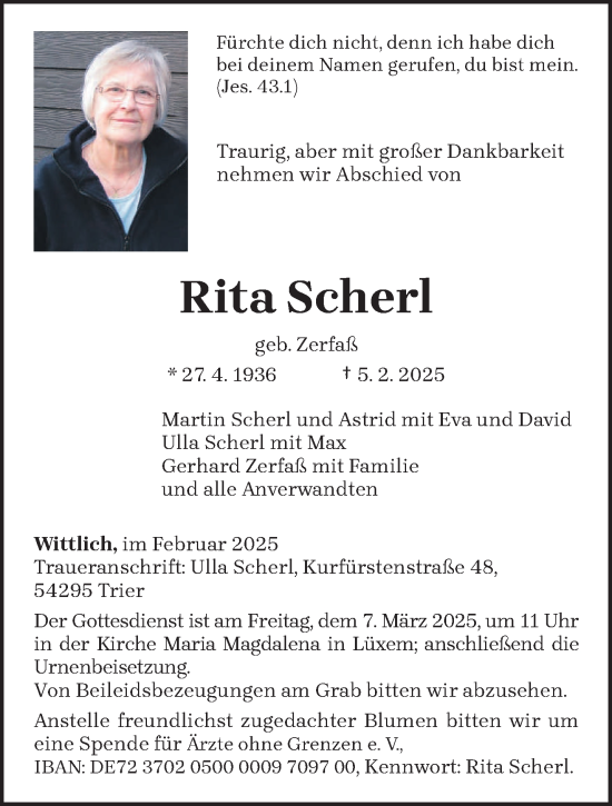 Todesanzeige von Rita Scherl von trierischer_volksfreund