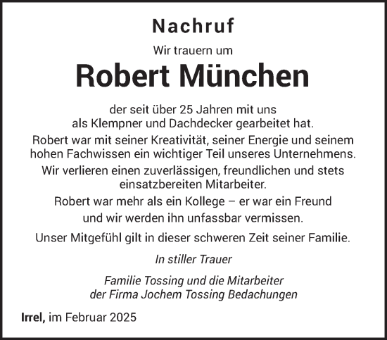 Todesanzeige von Robert München von trierischer_volksfreund
