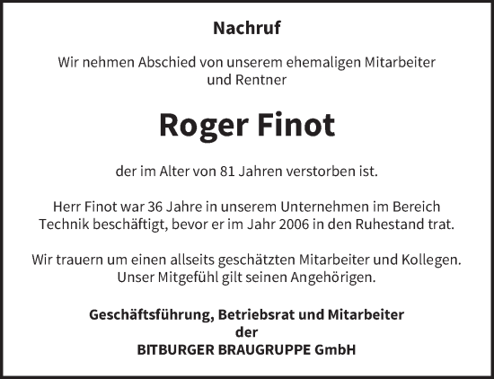 Todesanzeige von Roger Finot von trierischer_volksfreund