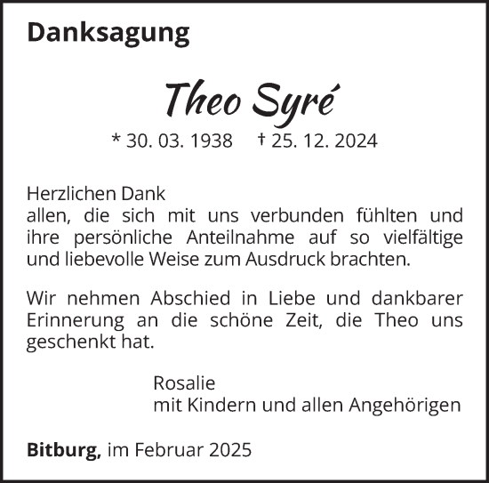 Todesanzeige von Theo Syré von trierischer_volksfreund
