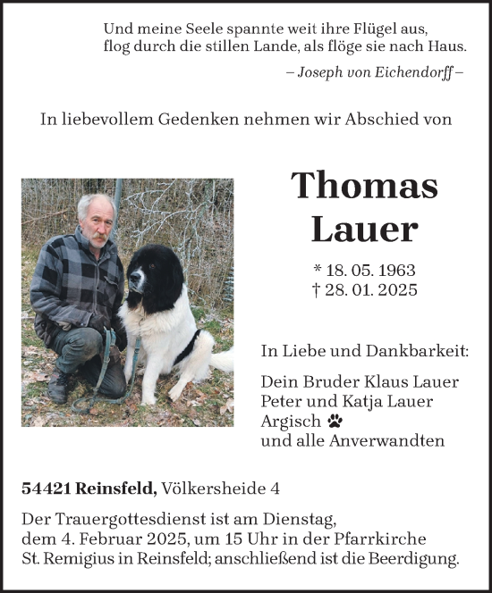Todesanzeige von Thomas Lauer von trierischer_volksfreund