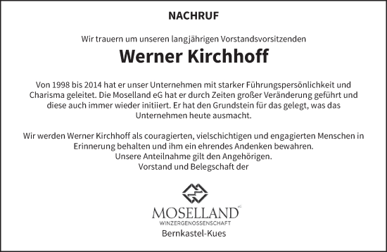 Todesanzeige von Werner Kirchhoff von trierischer_volksfreund