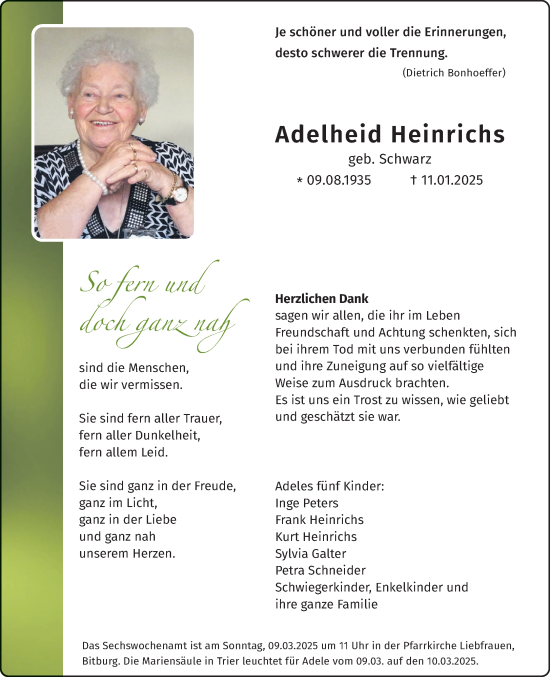Todesanzeige von Adelheid Heinrichs von trierischer_volksfreund