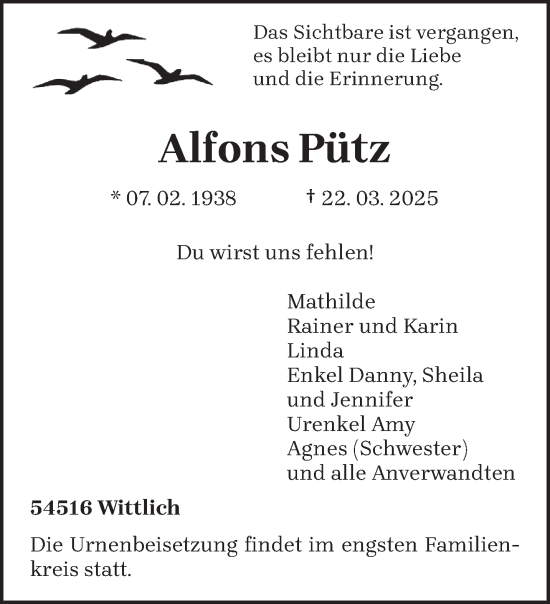 Todesanzeige von Alfons Pütz von trierischer_volksfreund