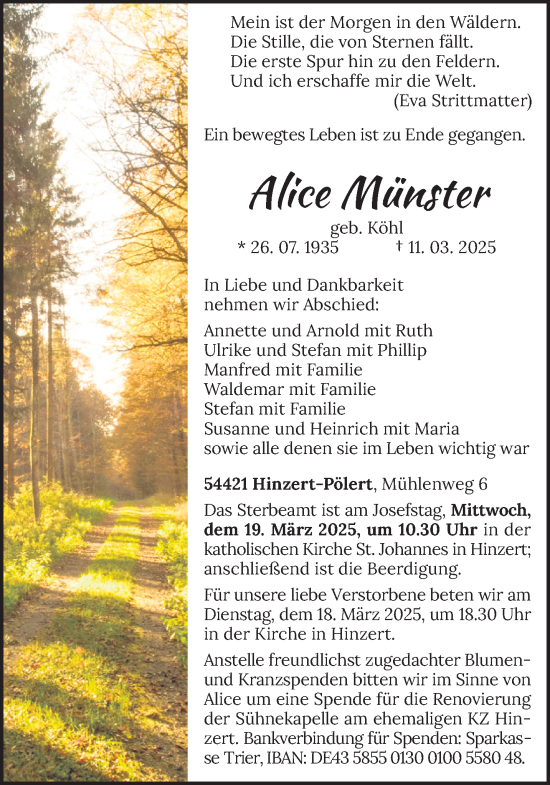 Todesanzeige von Alice Münster von trierischer_volksfreund