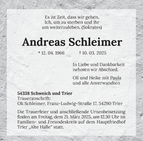 Todesanzeige von Andreas Schleimer von trierischer_volksfreund