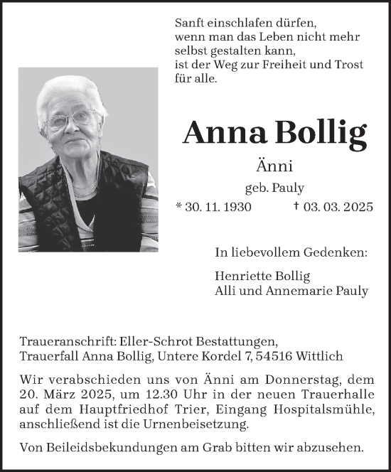 Todesanzeige von Anna Bollig von trierischer_volksfreund