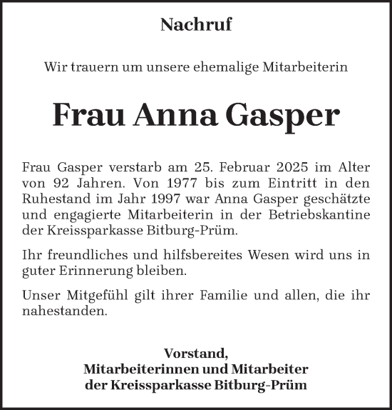 Todesanzeige von Anna Gasper von trierischer_volksfreund