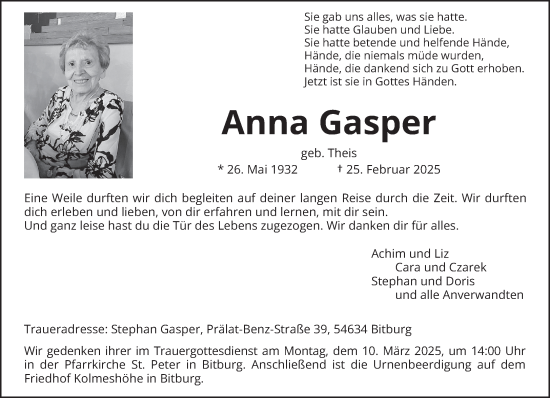 Todesanzeige von Anna Gasper von trierischer_volksfreund