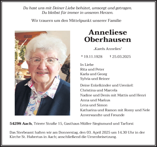 Todesanzeige von Anneliese Oberhausen von trierischer_volksfreund